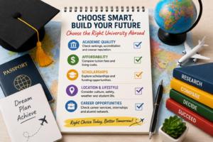 study abroad university selection checklist showing academic quality affordability scholarships location and career opportunities