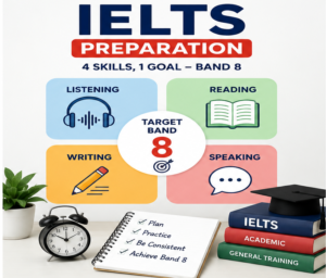 IELTS preparation overview showing listening reading writing speaking skills for band 8 success