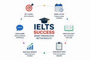 IELTS study plan infographic showing goal setting practice mock tests and improvement strategy for band 8